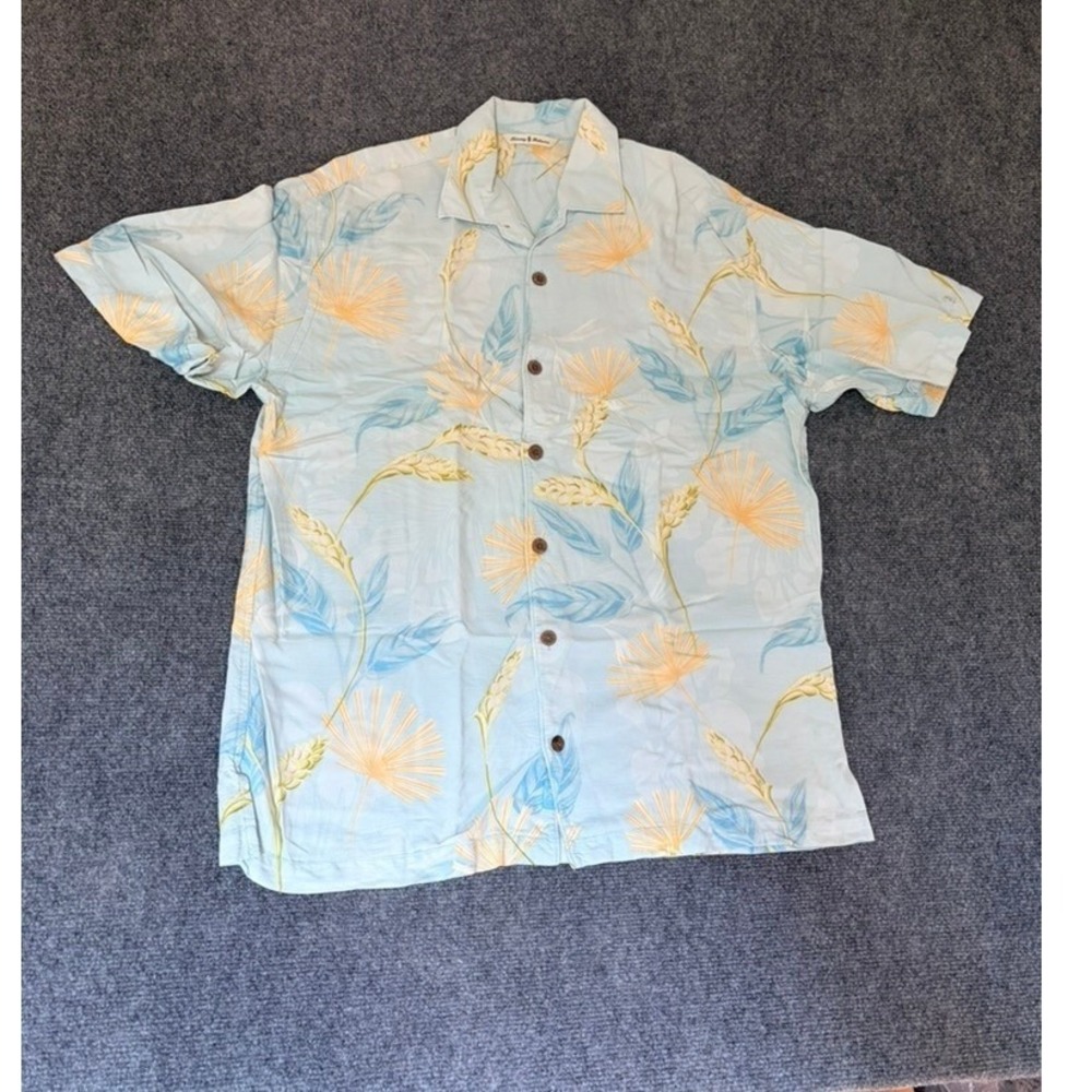 Tommy Bahama Mens M Silk Blend Tropical Floral Short Sleeve‎ Camp Shirt Blue